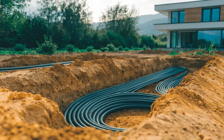 Geoterminių lauko kontūrų įrengimas — vamzdžiai tranšėjoje